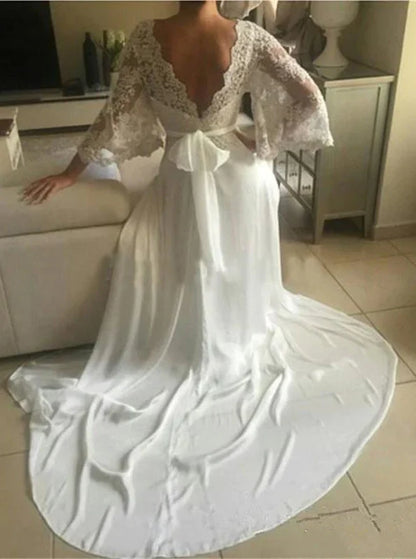 Deep V Neck Backless Lace Applique Wedding Dresses With Train