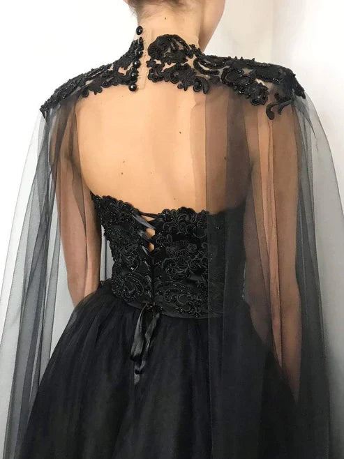 Corset Lace Beading Tulle Wedding Dress With Cape Gown