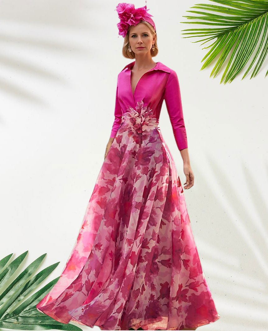 Dress A-Line Beach Wedding Elegant Shirt Collar Floor Length Chiffon 3/4 Length Sleeve With Flower Wedding Guest Dress Mother of the Bride Dress