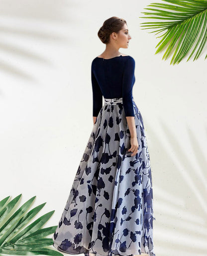 Dress Beach Wedding A-Line Formal Wedding Guest Elegant Vintage V Neck Floor Length Tea Length Chiffon 3/4 Length Sleeve With Flower Wedding Guest Dress Mother of the Bride Dress