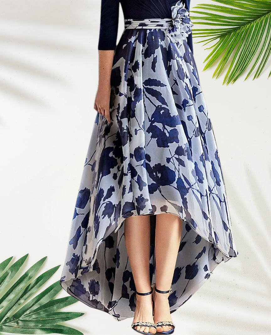 Dress Beach Wedding A-Line Formal Wedding Guest Elegant Vintage V Neck Floor Length Tea Length Chiffon 3/4 Length Sleeve With Flower Wedding Guest Dress Mother of the Bride Dress