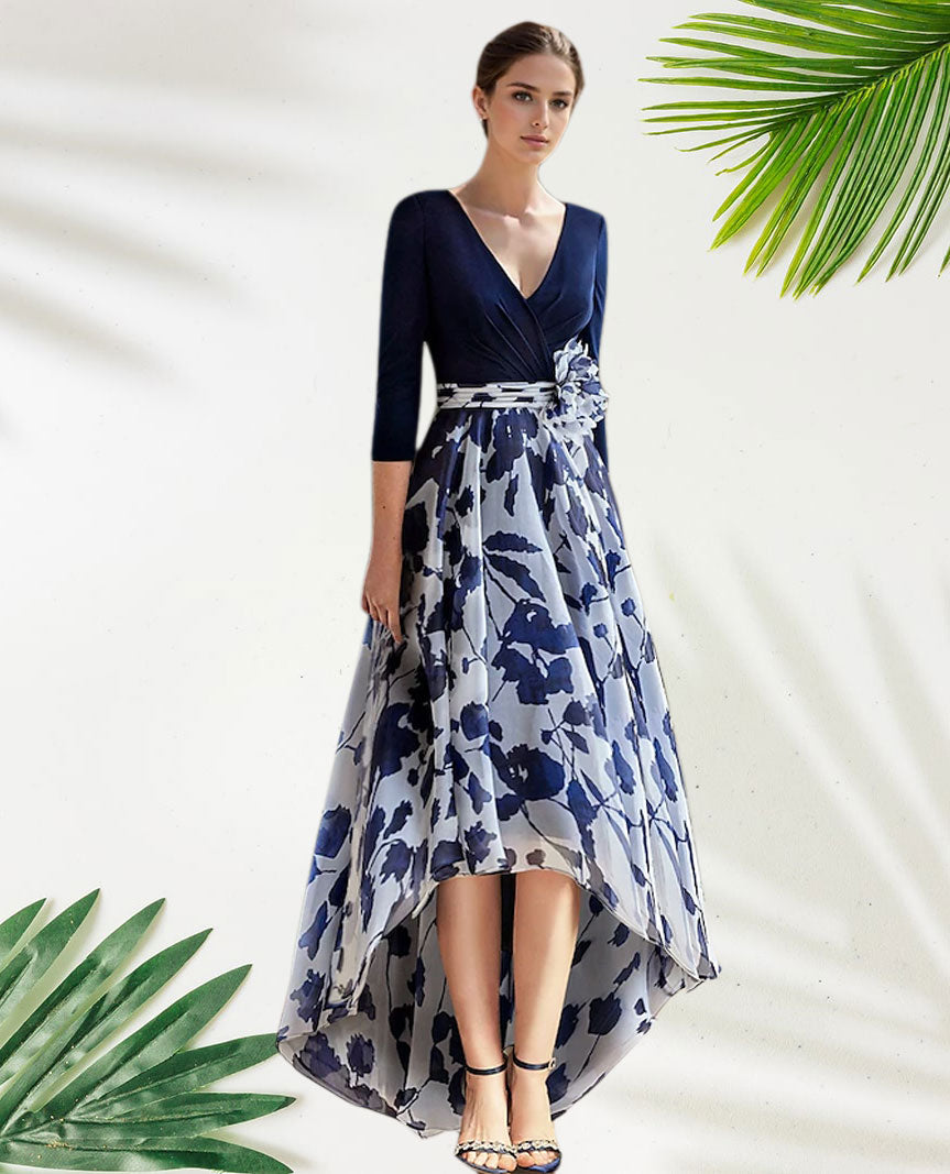 Dress Beach Wedding A-Line Formal Wedding Guest Elegant Vintage V Neck Floor Length Tea Length Chiffon 3/4 Length Sleeve With Flower Wedding Guest Dress Mother of the Bride Dress