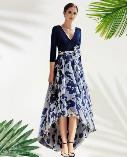 Dress Beach Wedding A-Line Formal Wedding Guest Elegant Vintage V Neck Floor Length Tea Length Chiffon 3/4 Length Sleeve With Flower Wedding Guest Dress Mother of the Bride Dress