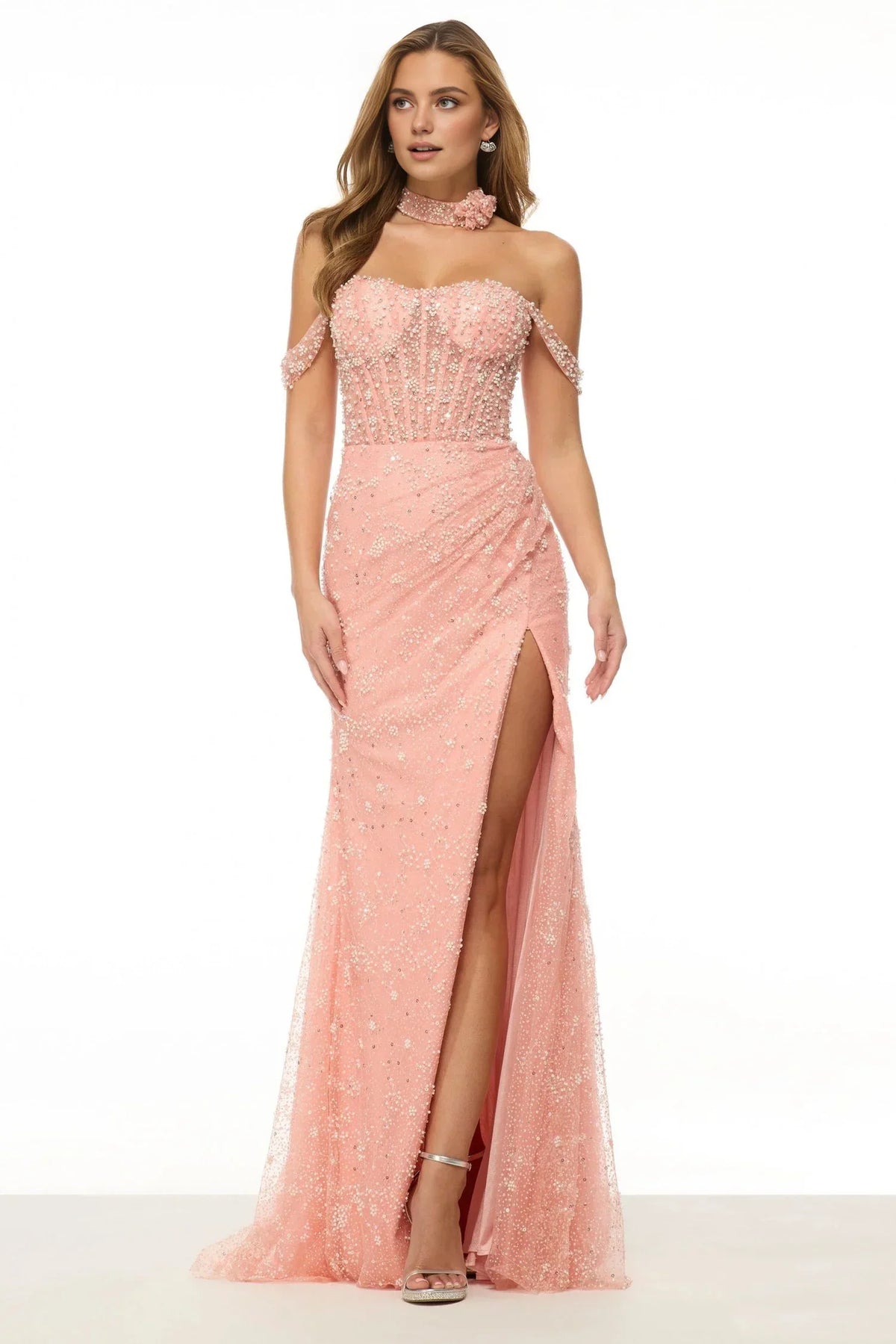 Dress Blush Off Shoulder Enchantment Sheer Tulle Overlay Delicate Bead Embroidery Corset Inspired Bodice Flowing Dress With A Daring High Slit For Timeless Elegance Prom Dress