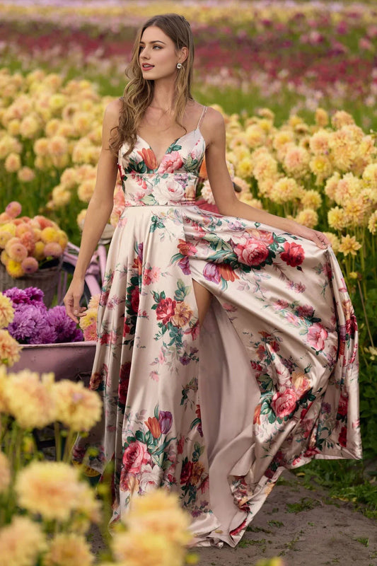 Dress Elegant Floral Dress Spaghetti Strap Silhouette Plunging V Neck Printed Satin Bodice And A Dramatic High Slit Prom Dress