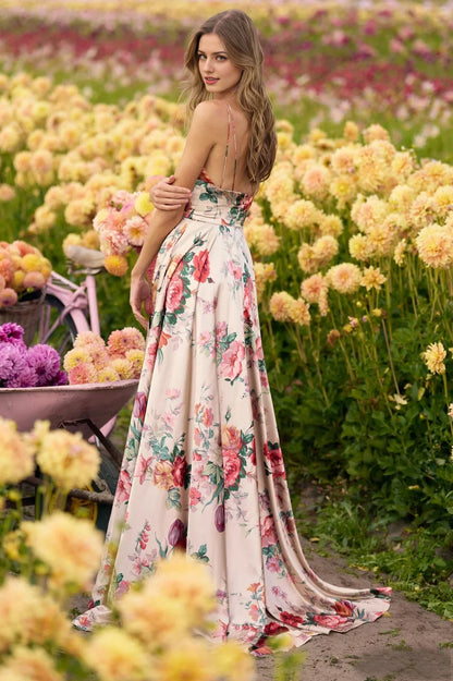 Dress Elegant Floral Dress Spaghetti Strap Silhouette Plunging V Neck Printed Satin Bodice And A Dramatic High Slit Prom Dress
