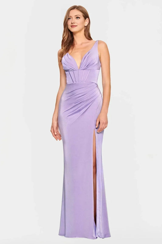 Dress Elegant Lilac Satin Plunging V Neck Gown With Ruched Bodice And High Slit Showcasing Chic Allure Prom Dress
