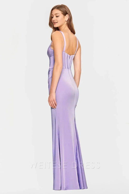 Dress Elegant Lilac Satin Plunging V Neck Gown With Ruched Bodice And High Slit Showcasing Chic Allure Prom Dress