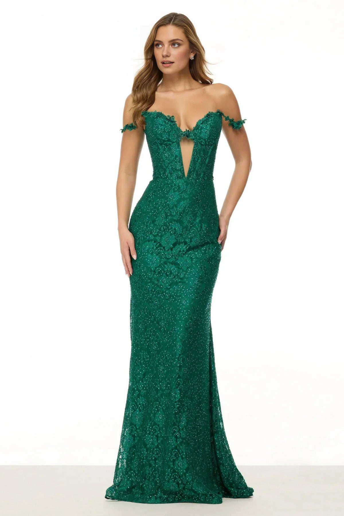Dress Emerald Green Sparkle Gown Off - Shoulder Design Plunging V Shaped Bodice Lace Fabric With Rhinestones Delicate Sleeve Accents And A Mermaid Shape Prom Dress