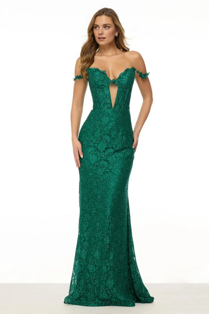 Dress Emerald Green Sparkle Gown Off - Shoulder Design Plunging V Shaped Bodice Lace Fabric With Rhinestones Delicate Sleeve Accents And A Mermaid Shape Prom Dress