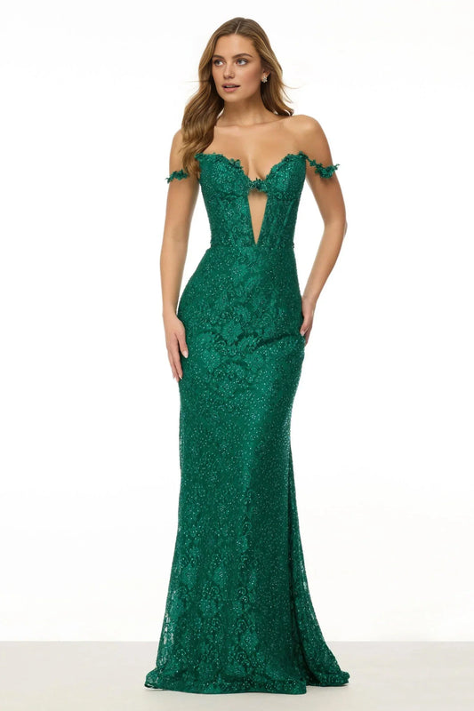 Dress Emerald Green Sparkle Gown Off - Shoulder Design Plunging V Shaped Bodice Lace Fabric With Rhinestones Delicate Sleeve Accents And A Mermaid Shape Prom Dress