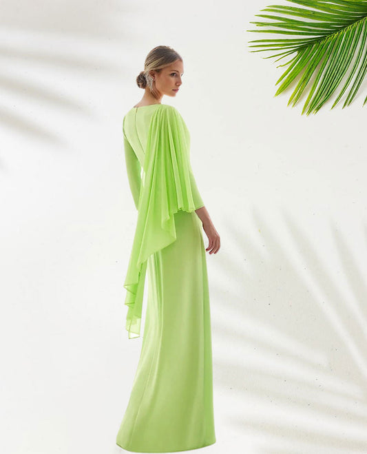 Dress Green Chiffon A-Line Elegant Wedding Guest Dress Formal Floor Length Long Sleeve V Neck With Slit Evening Dress