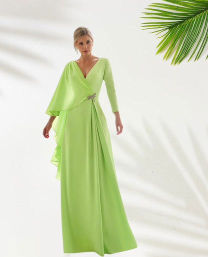 Dress Green Chiffon A-Line Elegant Wedding Guest Dress Formal Floor Length Long Sleeve V Neck With Slit Evening Dress