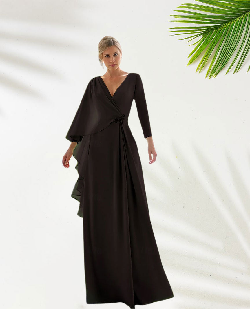 Dress Green Chiffon A-Line Elegant Wedding Guest Dress Formal Floor Length Long Sleeve V Neck With Slit Evening Dress