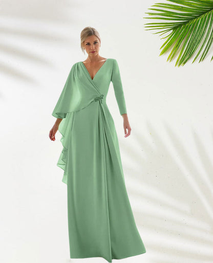 Dress Green Chiffon A-Line Elegant Wedding Guest Dress Formal Floor Length Long Sleeve V Neck With Slit Evening Dress