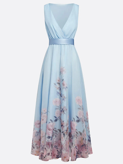 Dress Light Blue Romantic Floral Chiffon V Neck Sleeveless A-Line Maxi Dress Pleats Prom Dress