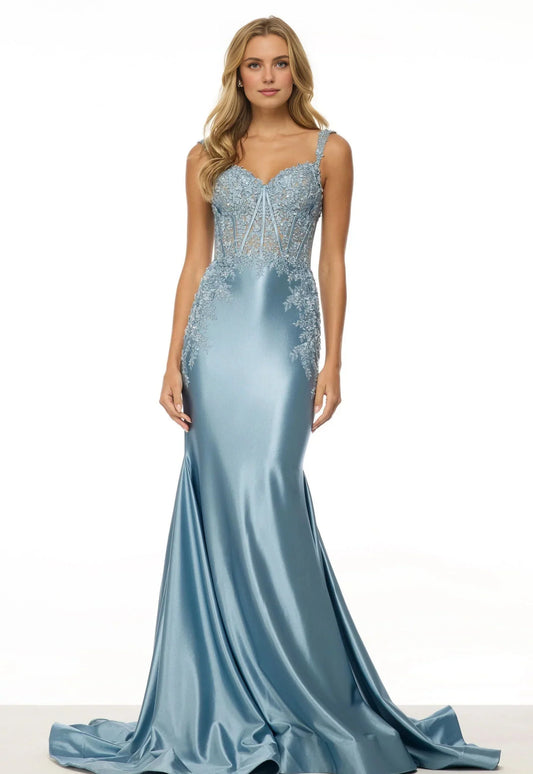 Dress Light Blue Satin Mermaid Gown With Embroidered Bodice And Spaghetti Straps Prom Dress