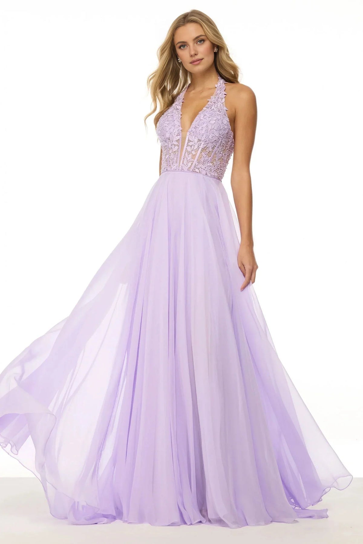 Dress Lilac Chiffon Halter Gown With Embroidered Bodice And High Slit Prom Dress