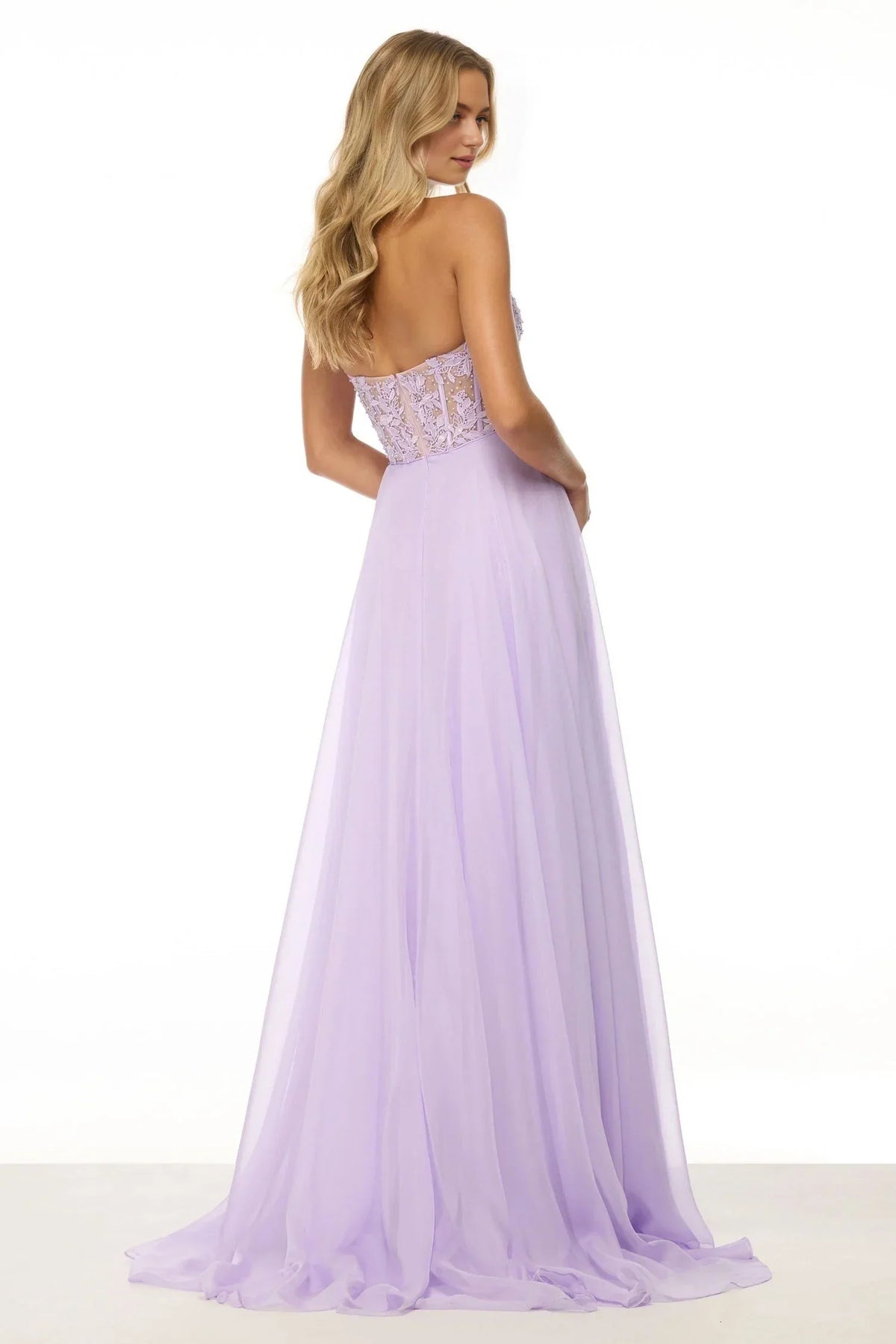 Dress Lilac Chiffon Halter Gown With Embroidered Bodice And High Slit Prom Dress