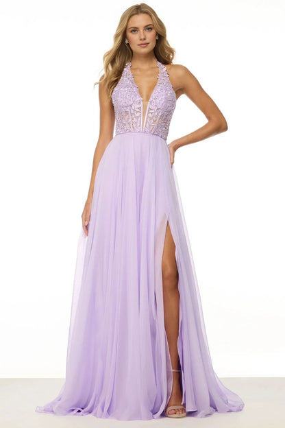 Dress Lilac Chiffon Halter Gown With Embroidered Bodice And High Slit Prom Dress