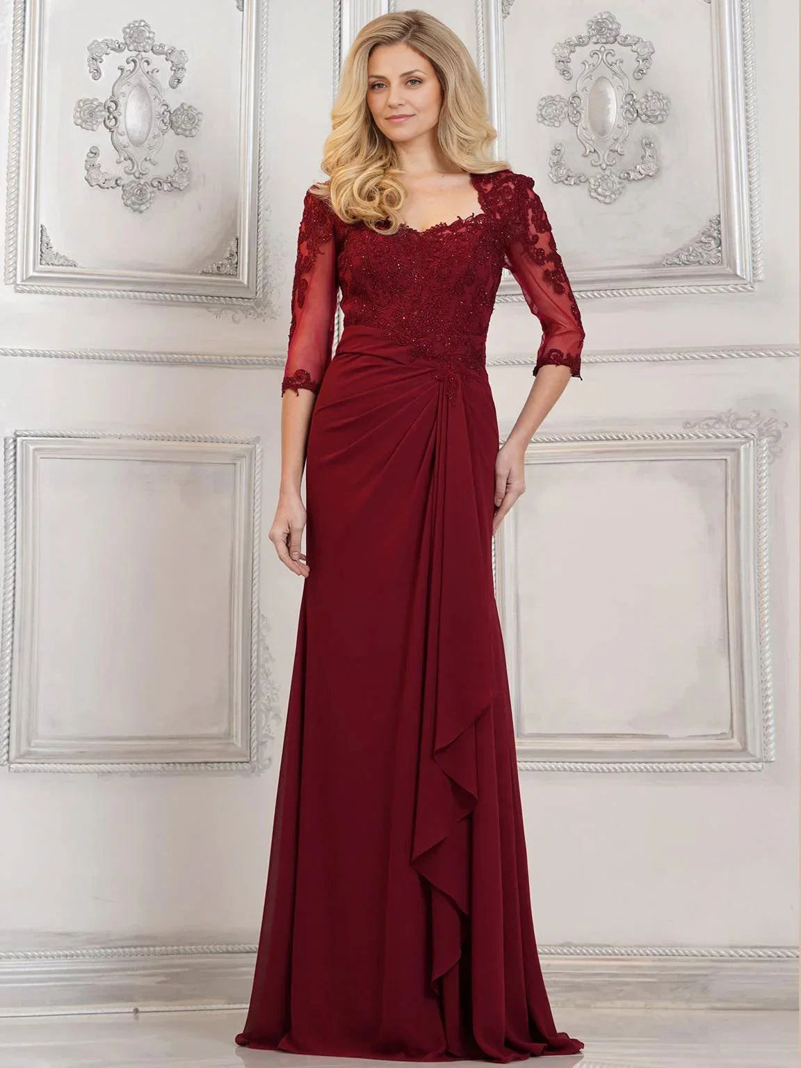 Dress Mermaid Lace Appliques Long Tulle Evening Gown Formal Dress Backless 3/4 Sleeves Mother of the Bride Dress