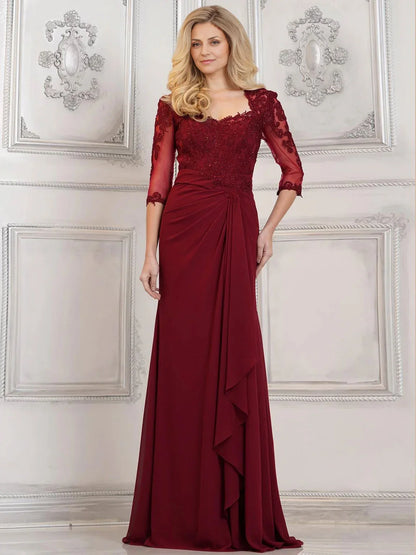 Dress Mermaid Lace Appliques Long Tulle Evening Gown Formal Dress Backless 3/4 Sleeves Mother of the Bride Dress