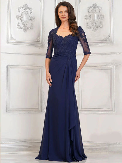Dress Mermaid Lace Appliques Long Tulle Evening Gown Formal Dress Backless 3/4 Sleeves Mother of the Bride Dress
