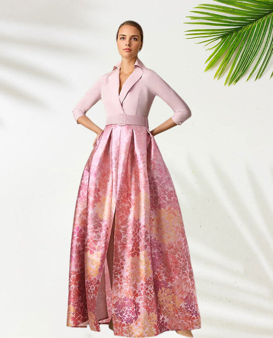 Dress Pink Blue A-Line Elegant Formal Wedding Floor Length Half Sleeve Shirt Collar Satin With Floral Print Slit Wedding Guest Dress Evening Dress