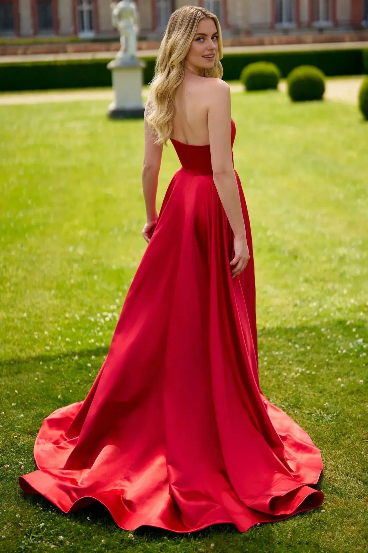 Dress Red Satin Strapless Evening Gown with Ball Gown Design and High Slit Radiating Luxurious Sophistication Prom Dress
