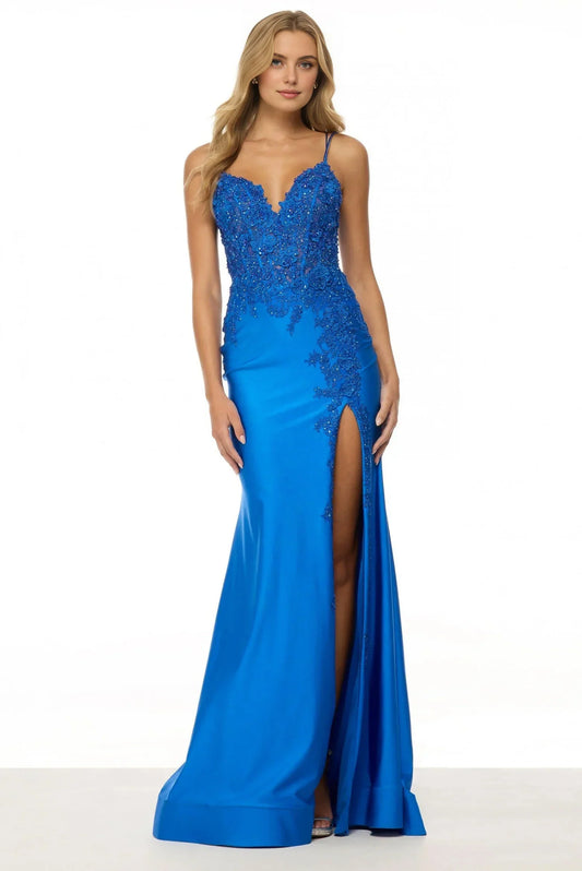 Dress Royal Blue Satin Allure Spaghetti Strap Silhouette Lace Detailed Bodice And A Dramatic High Slit Prom Dress