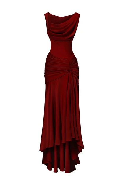 Dress Sheath Asymmetric Satin Pleats Maxi Dress Sleeveless Elegant Back Full Coverage Prom Dress