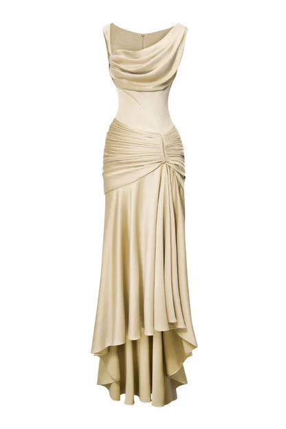 Dress Sheath Asymmetric Satin Pleats Maxi Dress Sleeveless Elegant Back Full Coverage Prom Dress