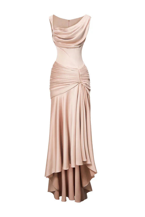 Dress Sheath Asymmetric Satin Pleats Maxi Dress Sleeveless Elegant Back Full Coverage Prom Dress