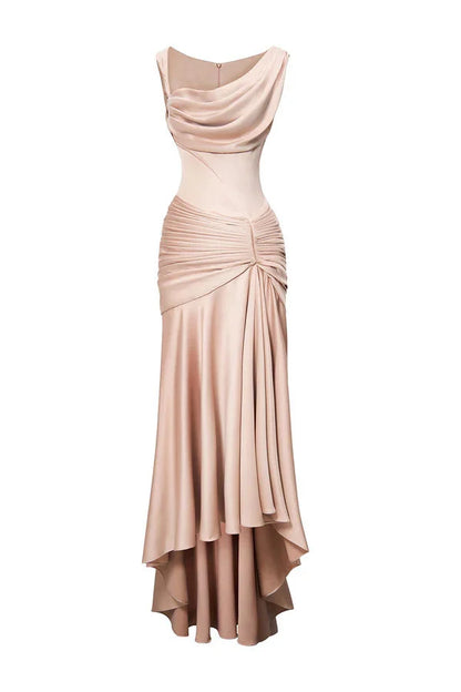 Dress Sheath Asymmetric Satin Pleats Maxi Dress Sleeveless Elegant Back Full Coverage Prom Dress