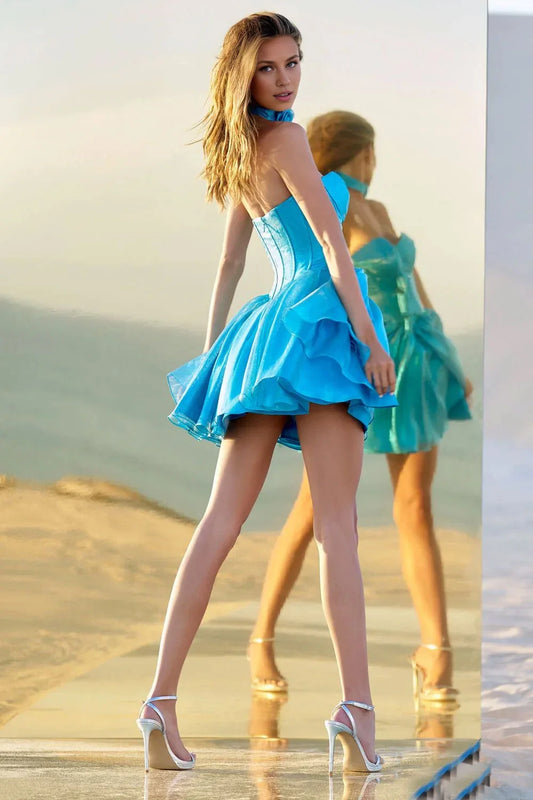 Dress Vibrant Blue Organza Glamour Strapless Silhouette Corset Bodice Organza Ruffled Skirt And A Dramatic Short Fit Homecoming Dress