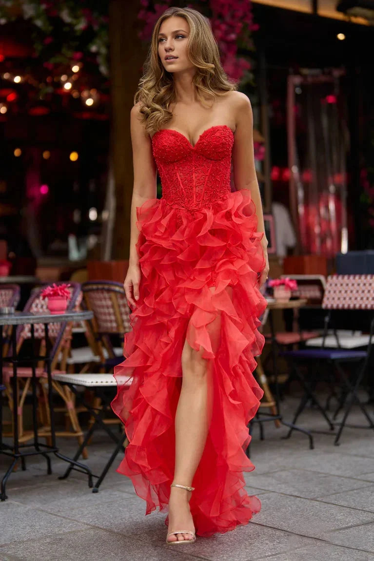 Dress Vibrant Red Organza Masterpiece Strapless Neck Embellished Bodice Ruffled And A Show Stopping High Slit Prom Dress
