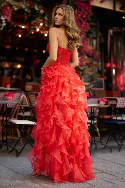Dress Vibrant Red Organza Masterpiece Strapless Neck Embellished Bodice Ruffled And A Show Stopping High Slit Prom Dress