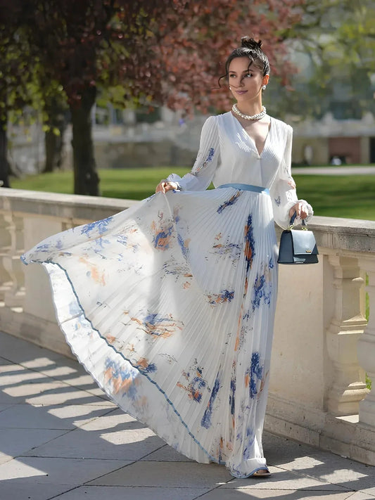 Dress White Pleated Chiffon V Neck Prom Dress Floral Long Balloon Sleeve Flower Printed A-Line Maxi Dress