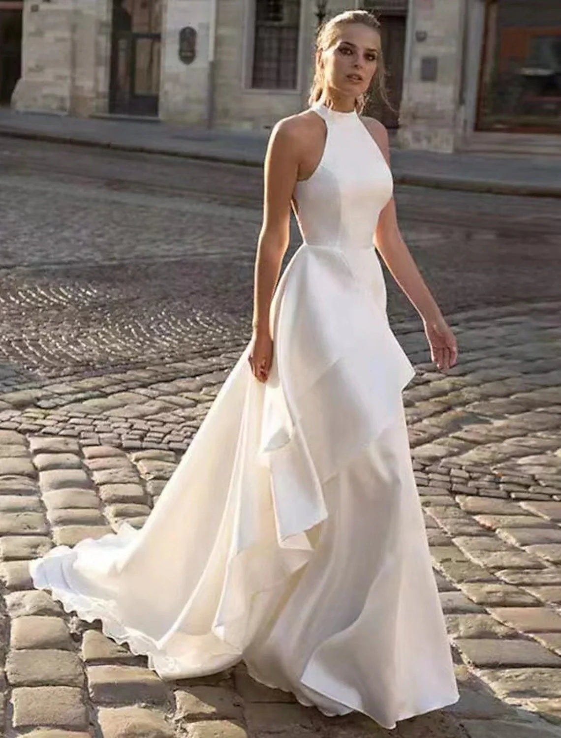 White Satin A‑Line High‑Halter Sleeveless Deep‑Open‑Back Ruffle Court‑Train Wedding Dress For Casual
