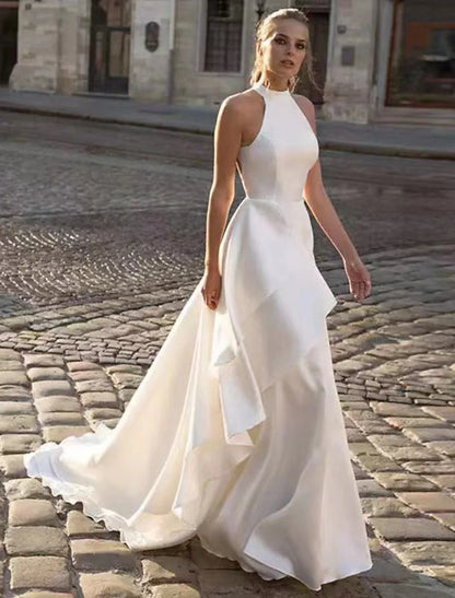 White Satin A‑Line High‑Halter Sleeveless Deep‑Open‑Back Ruffle Court‑Train Wedding Dress For Casual