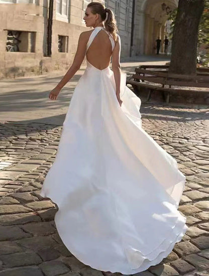 White Satin A‑Line High‑Halter Sleeveless Deep‑Open‑Back Ruffle Court‑Train Wedding Dress For Casual