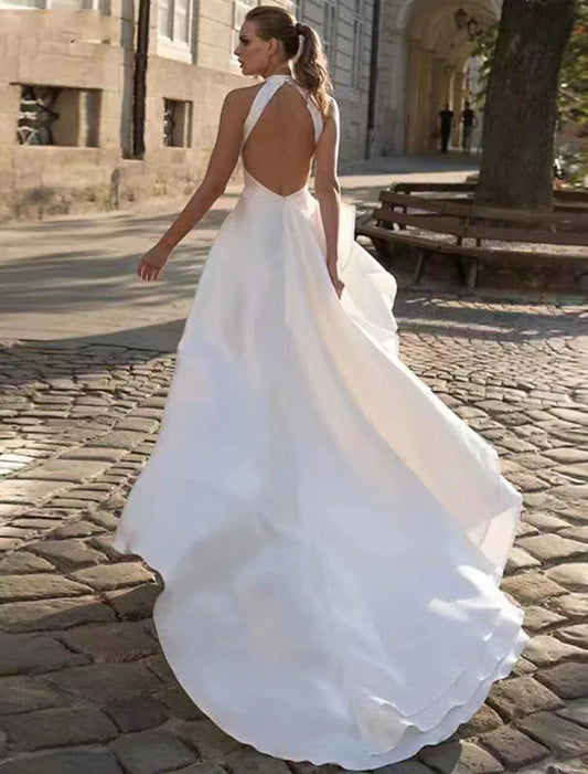 White Satin A‑Line High‑Halter Sleeveless Deep‑Open‑Back Ruffle Court‑Train Wedding Dress For Casual