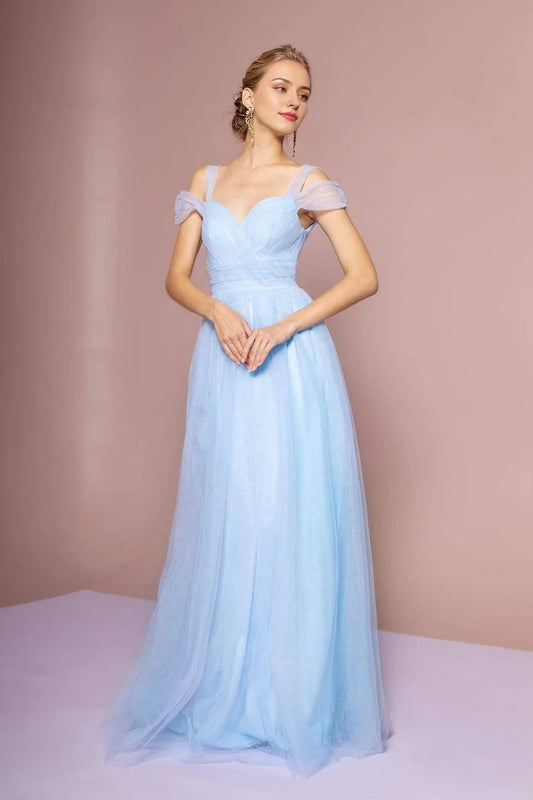 Sky‑Blue Tulle A‑Line Sweetheart Off‑The‑Shoulder Tulle‑Sleeve V‑Back Zipper Floor‑Length Bridesmaid Dresses