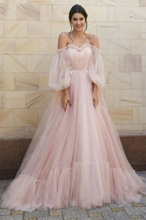 A-line Off Shoulder Long Puffy Sleeves Pink Tulle Floor Length Formal Gown Prom Dress Prom Dresses Stores