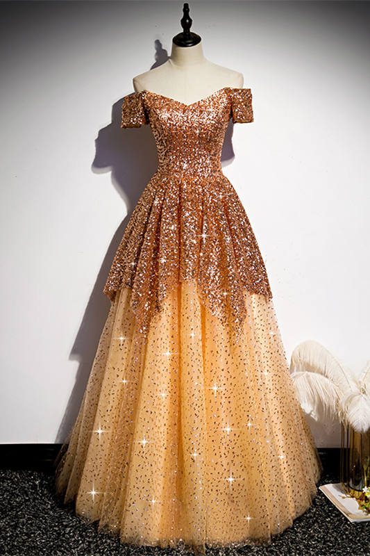 A-line Sparkling Off the Shoulder Gold Long Prom Dress Floor Length Prom Dress Prom Dresses Stores