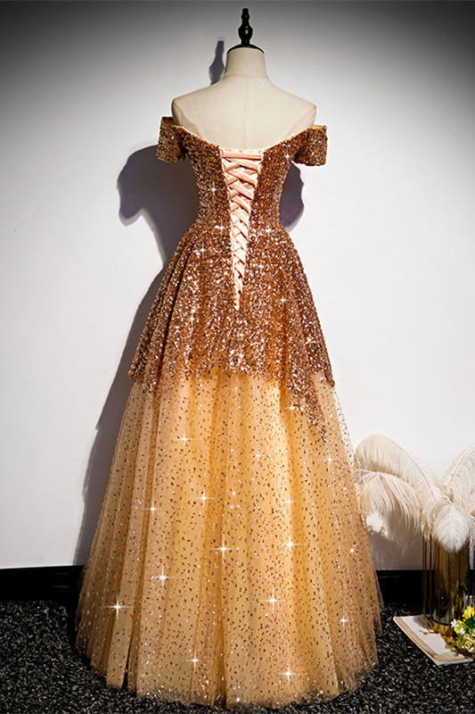 A-line Sparkling Off the Shoulder Gold Long Prom Dress Floor Length Prom Dress Prom Dresses Stores