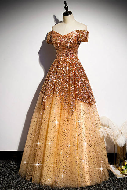 A-line Sparkling Off the Shoulder Gold Long Prom Dress Floor Length Prom Dress Prom Dresses Stores