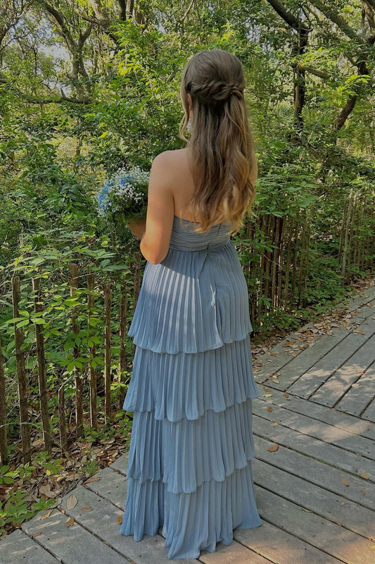 A-line Strapless Pink Chiffon Pleated Tiered Maxi Dress Floor Length Prom Dress Prom Dresses Stores