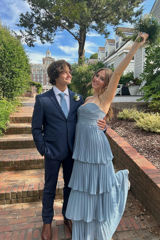 A-line Strapless Pink Chiffon Pleated Tiered Maxi Dress Floor Length Prom Dress Prom Dresses Stores