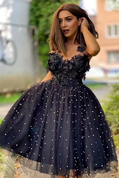 Dress A-Line Beaded Tulle Homecoming Dress Sleeveless Hand-made Flowers Party Dress